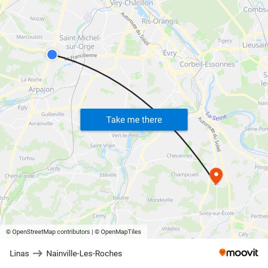 Linas to Nainville-Les-Roches map