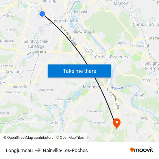 Longjumeau to Nainville-Les-Roches map