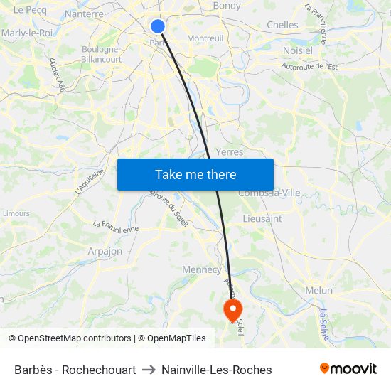 Barbès - Rochechouart to Nainville-Les-Roches map