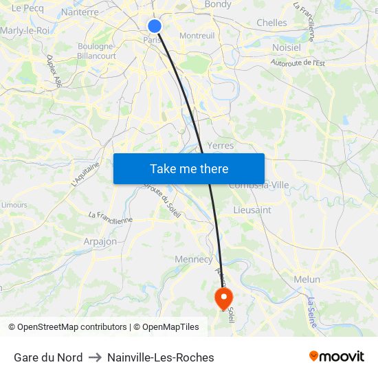 Gare du Nord to Nainville-Les-Roches map