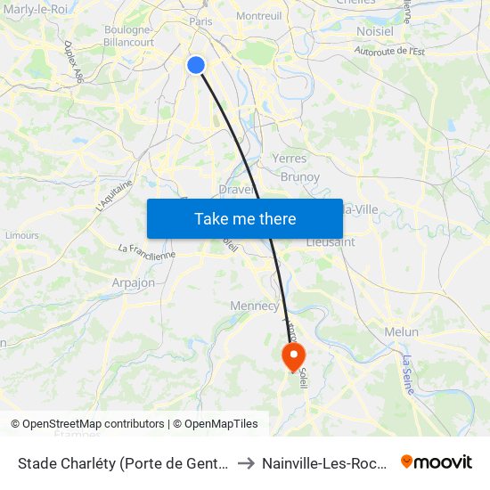 Stade Charléty (Porte de Gentilly) to Nainville-Les-Roches map