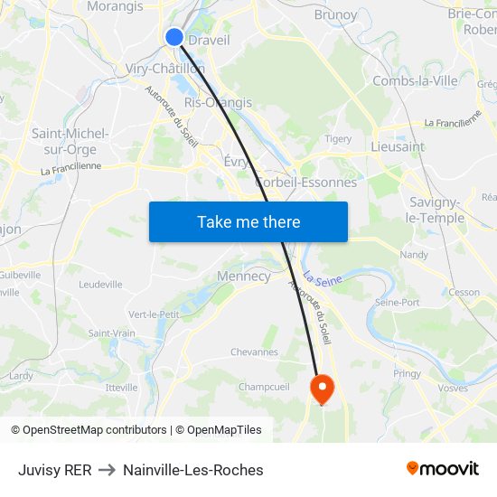 Juvisy RER to Nainville-Les-Roches map
