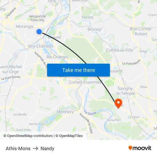 Athis-Mons to Nandy map