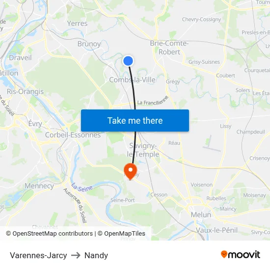 Varennes-Jarcy to Nandy map