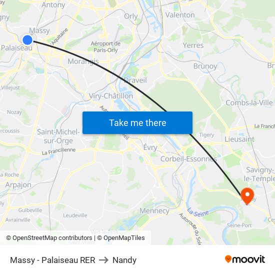 Massy - Palaiseau RER to Nandy map