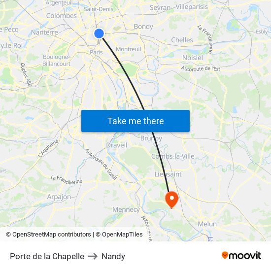 Porte de la Chapelle to Nandy map