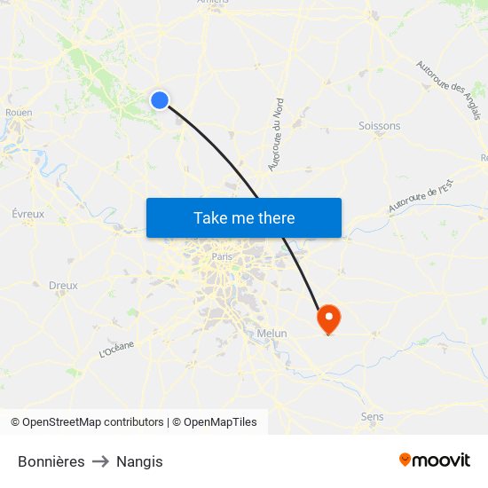 Bonnières to Nangis map