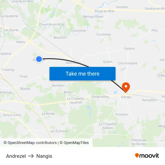 Andrezel to Nangis map