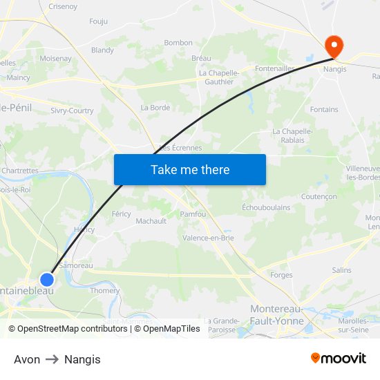 Avon to Nangis map