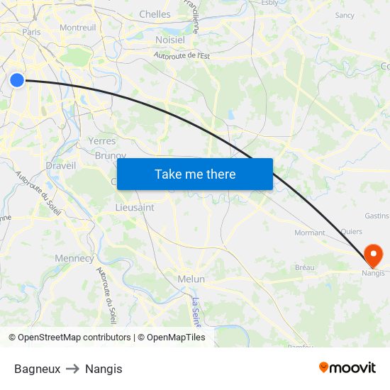Bagneux to Nangis map