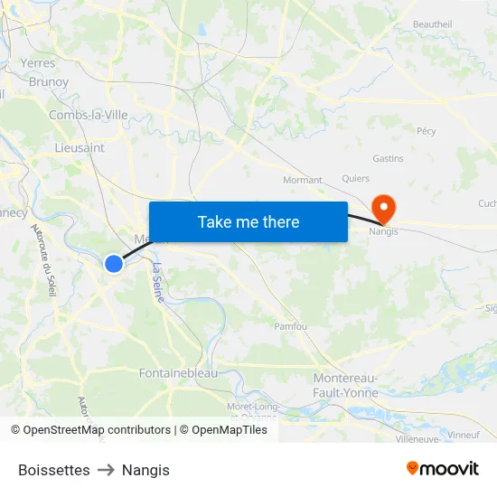 Boissettes to Nangis map