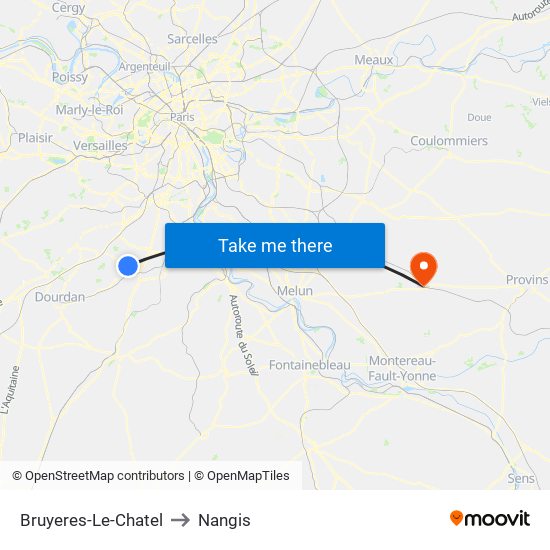 Bruyeres-Le-Chatel to Nangis map