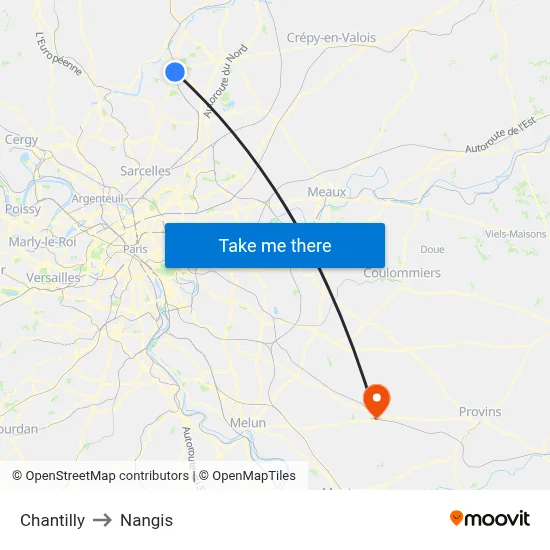 Chantilly to Nangis map