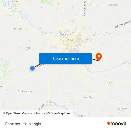 Chartres to Nangis map