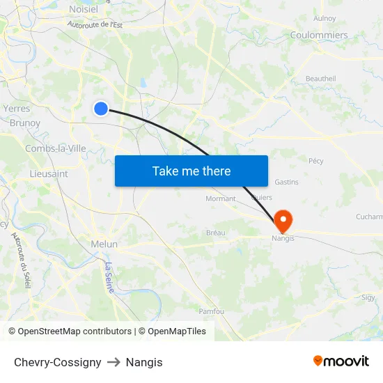 Chevry-Cossigny to Nangis map