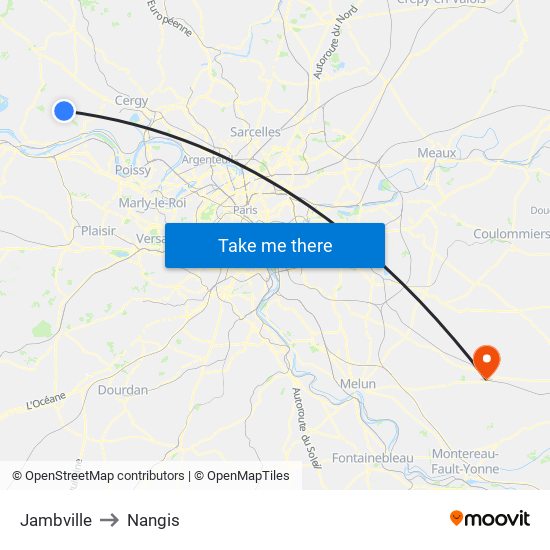 Jambville to Nangis map