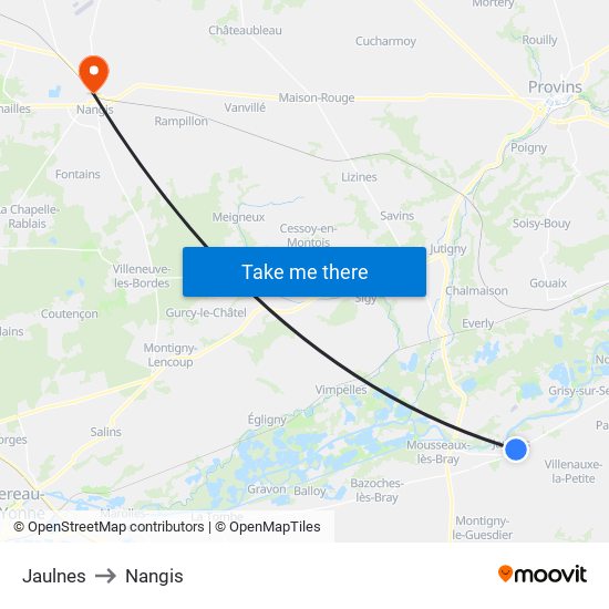 Jaulnes to Nangis map