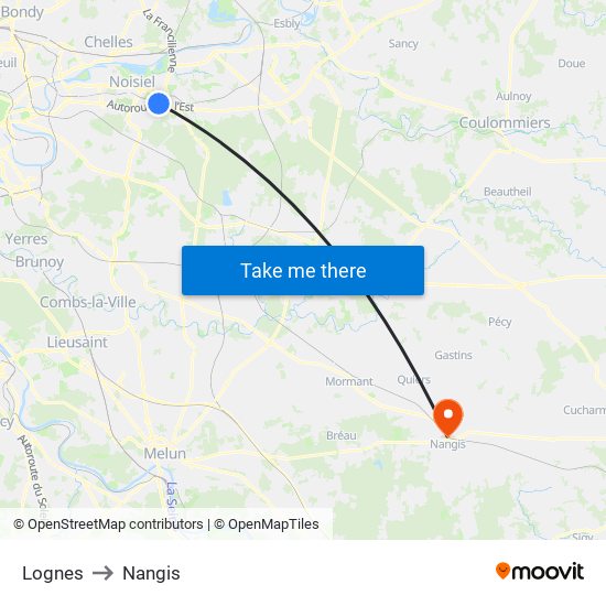 Lognes to Nangis map