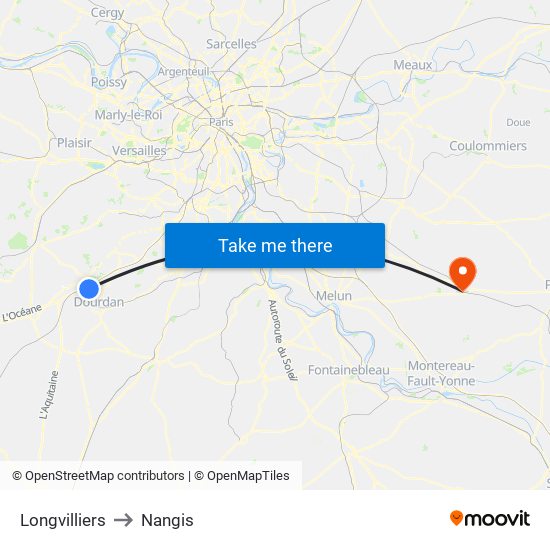 Longvilliers to Nangis map