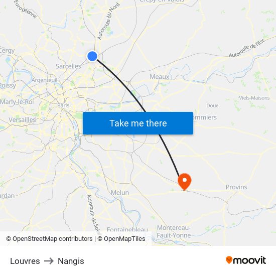Louvres to Nangis map