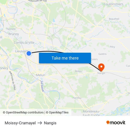 Moissy-Cramayel to Nangis map