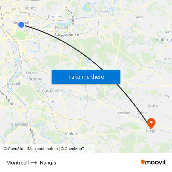 Montreuil to Nangis map