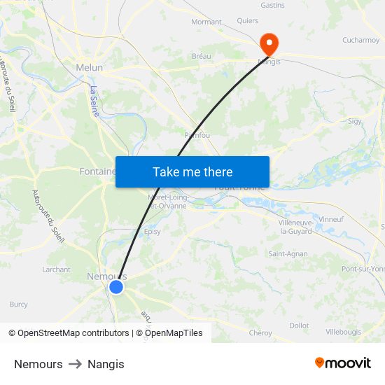 Nemours to Nangis map