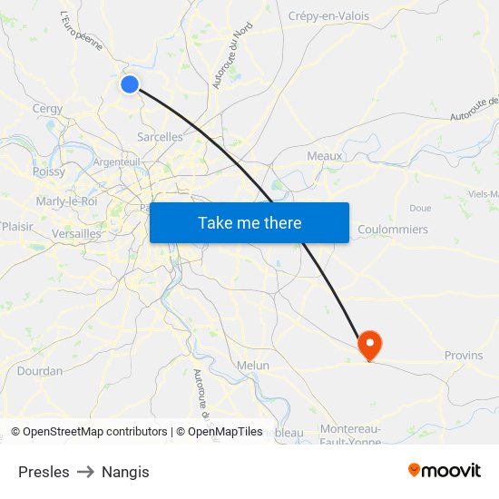 Presles to Nangis map