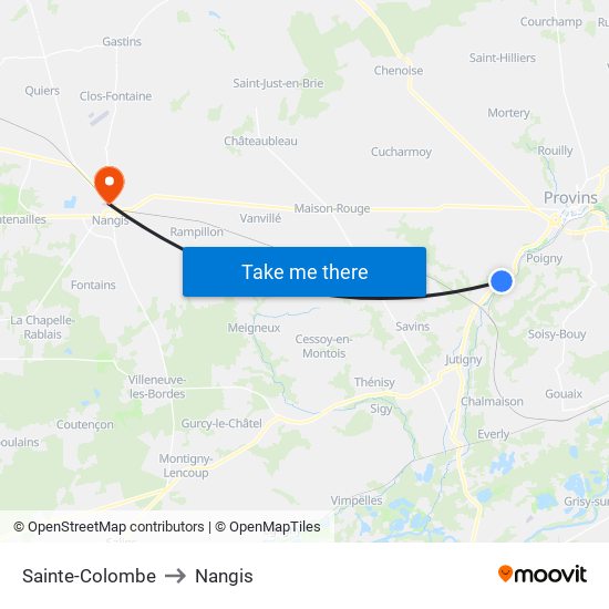 Sainte-Colombe to Nangis map