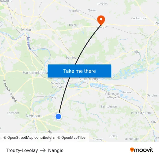 Treuzy-Levelay to Nangis map
