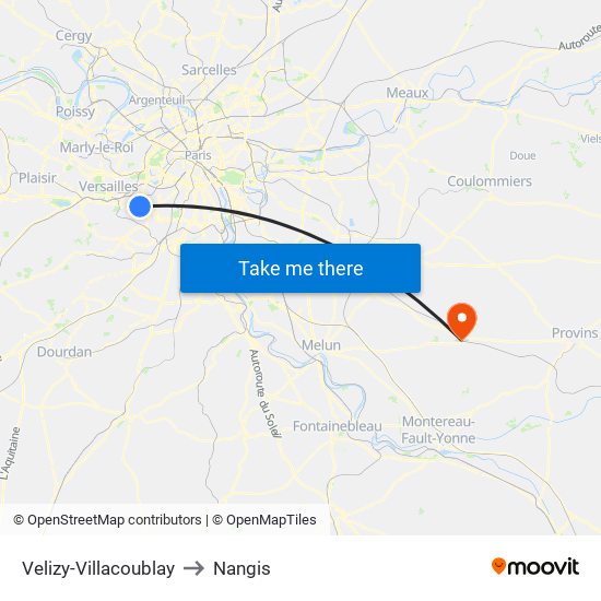 Velizy-Villacoublay to Nangis map