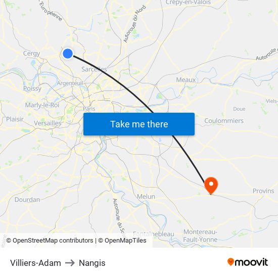 Villiers-Adam to Nangis map