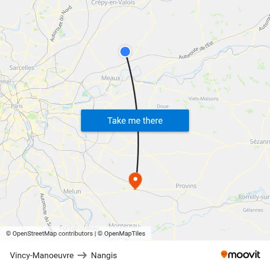 Vincy-Manoeuvre to Nangis map