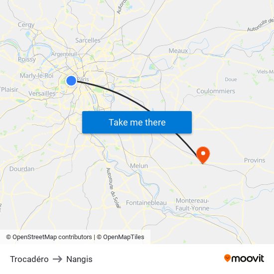Trocadéro to Nangis map
