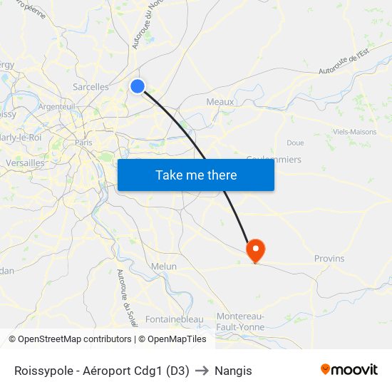 Roissypole - Aéroport Cdg1 (D3) to Nangis map