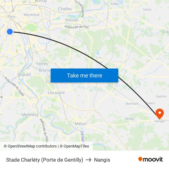 Stade Charléty (Porte de Gentilly) to Nangis map