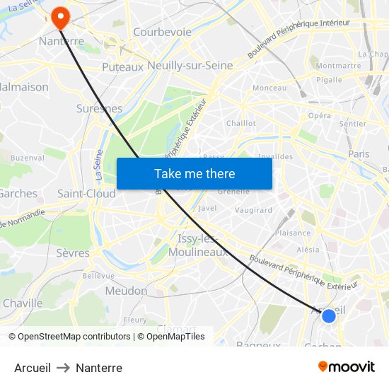 Arcueil to Nanterre map