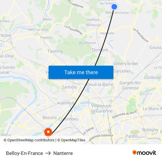 Belloy-En-France to Nanterre map