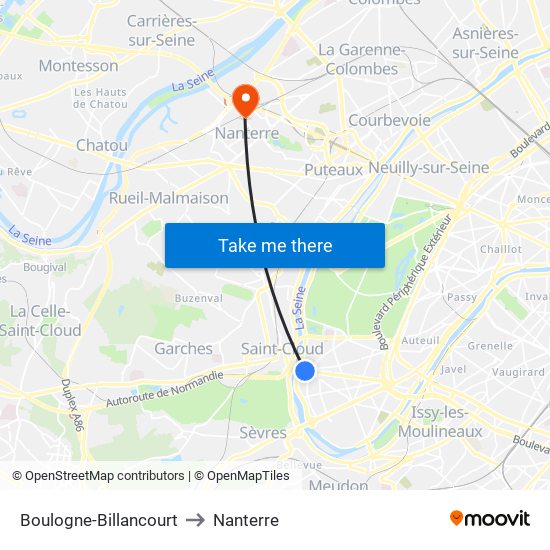 Boulogne-Billancourt to Nanterre map