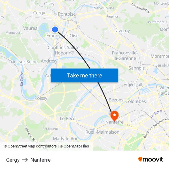 Cergy to Nanterre map