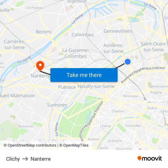 Clichy to Nanterre map