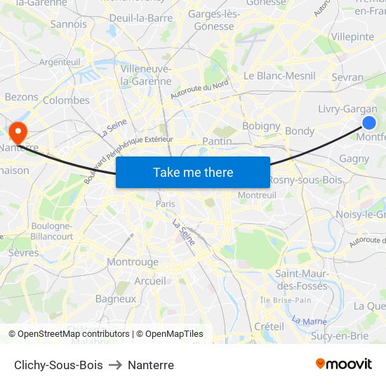 Clichy-Sous-Bois to Nanterre map