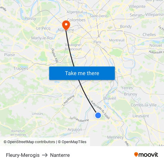 Fleury-Merogis to Nanterre map