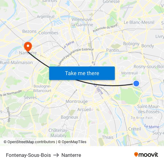 Fontenay-Sous-Bois to Nanterre map