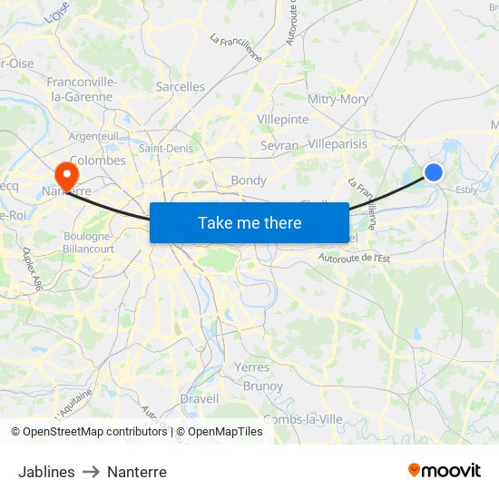 Jablines to Nanterre map