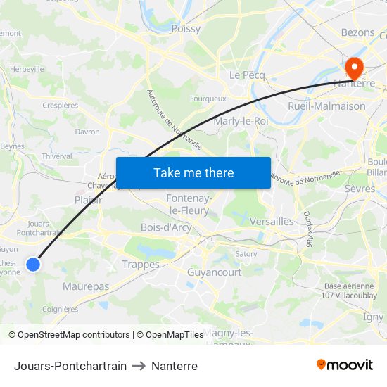 Jouars-Pontchartrain to Nanterre map