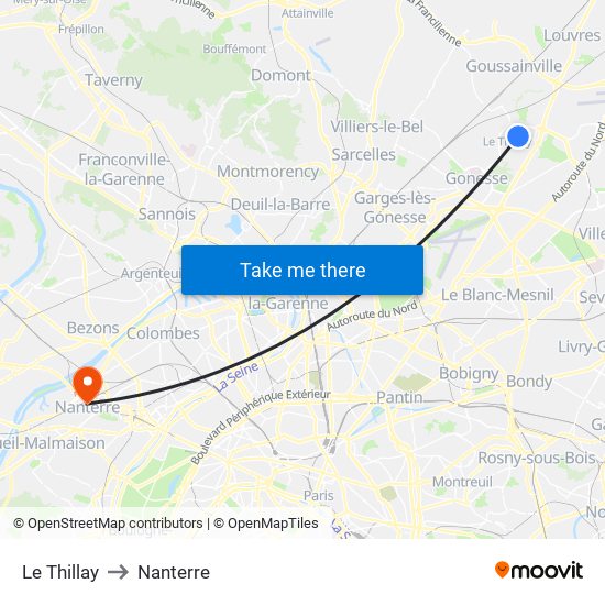 Le Thillay to Nanterre map