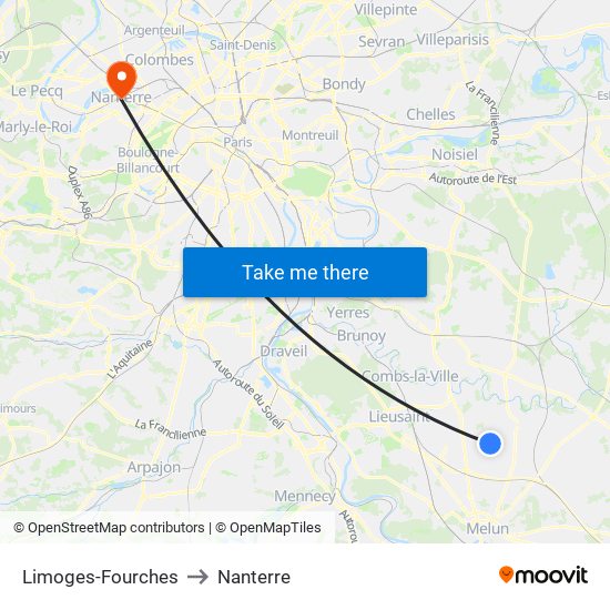 Limoges-Fourches to Nanterre map