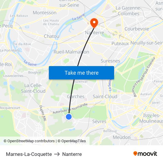 Marnes-La-Coquette to Nanterre map