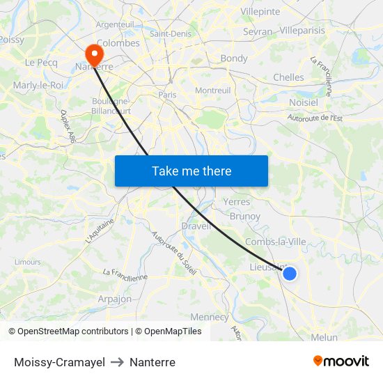 Moissy-Cramayel to Nanterre map